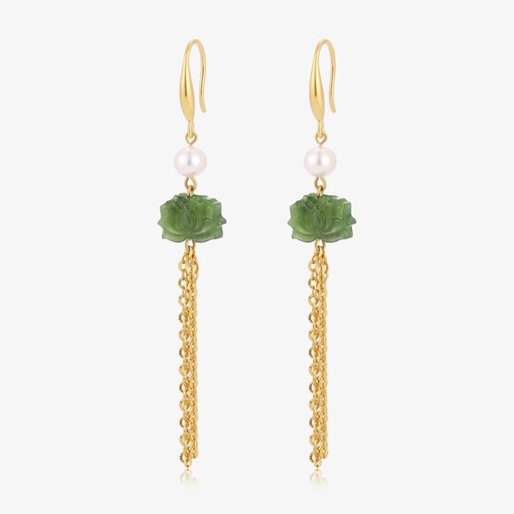 Long Dangle Jade & Baby Fresh Water Pearl Earrings - Picture 2 of 2